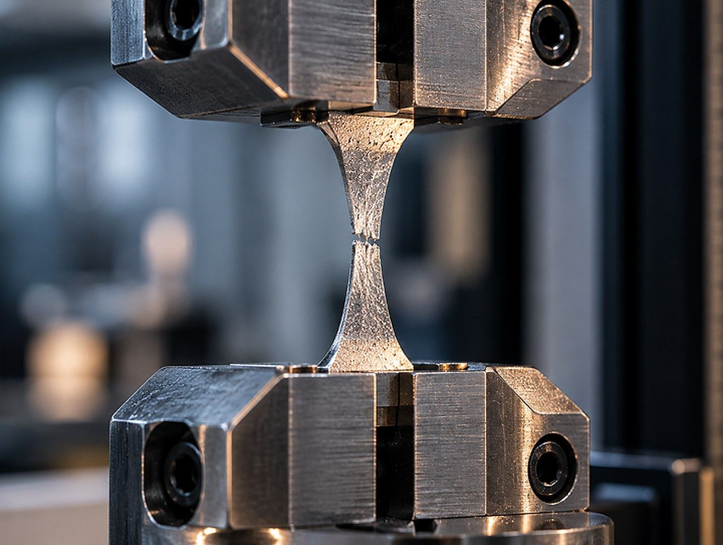 A specimen under tensile load in a mechanical testing machine