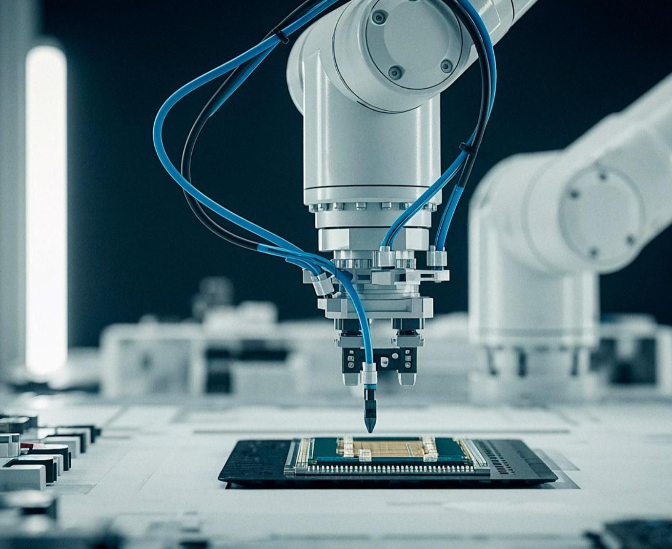 Robotic arm placing a semiconductor chip