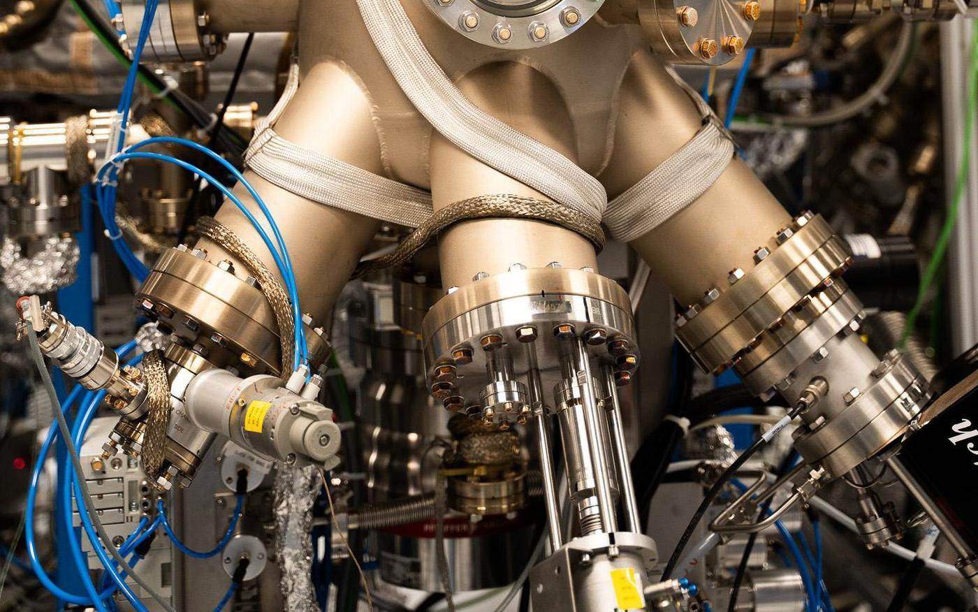 Close-up of vacuum chamber equipment in a quantum laboratory