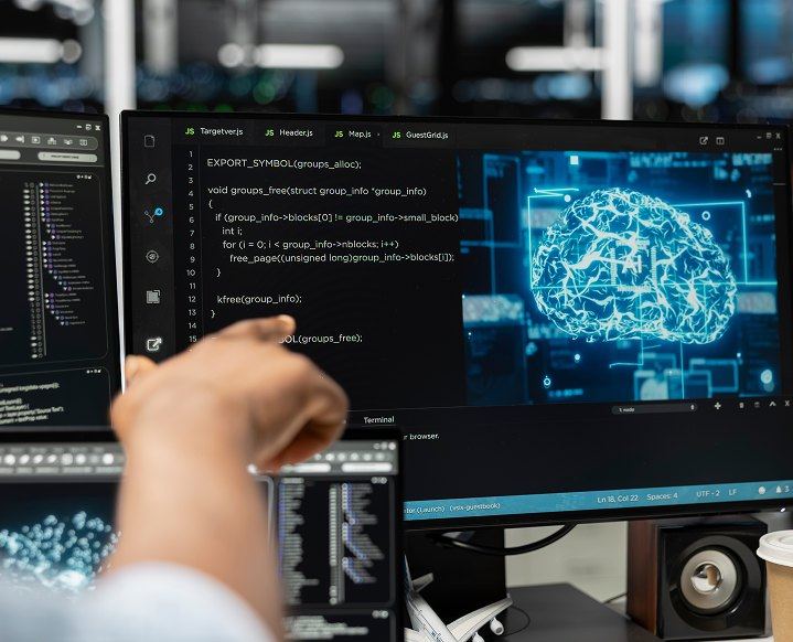 A developer working on AI code with a neural network visualisation