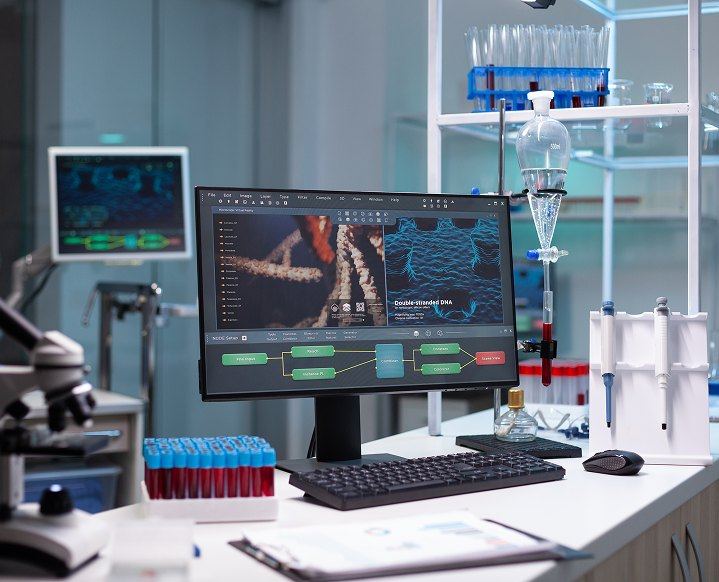 A biomedical laboratory bench with diagnostic equipment