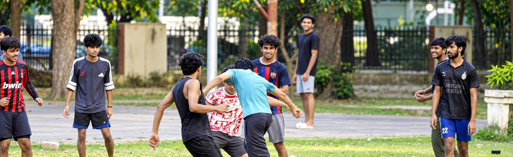 Students playing football on the IIT Kanpur campus grounds