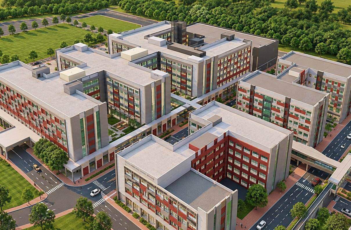 Rendering of the super speciality hospital at the Gangwal School