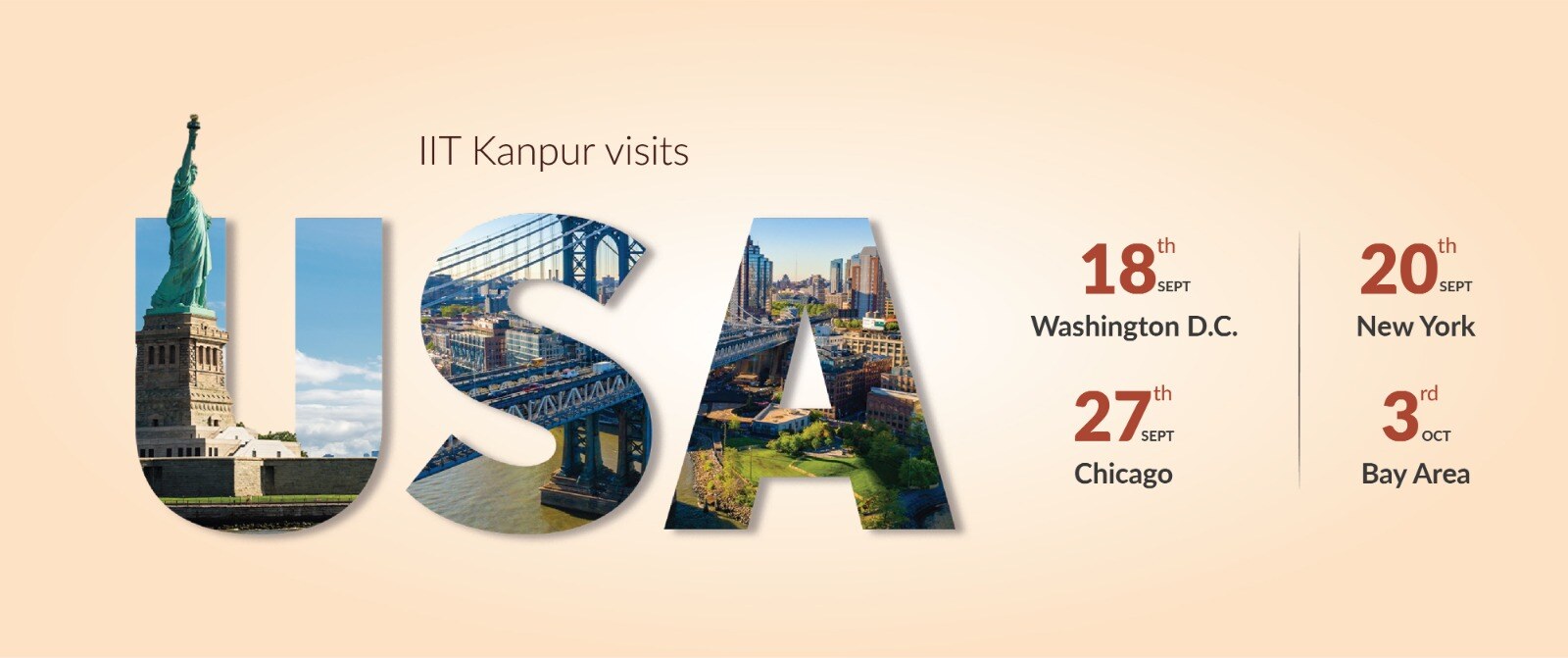 IIT Kanpur visits USA — Washington D.C. 18th, New York 20th, Chicago 27th, Bay Area 3rd. Sept–Oct 2026.