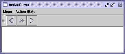 A snapshot of ActionDemo, which uses actions to coordinate menus and buttons.