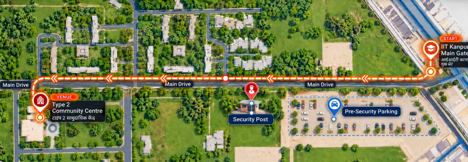Suggested visitor route from IIT Kanpur Main Gate to Type 2 Community Centre